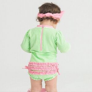 RuffleButts Seersucker Long Sleeve Rash Guard Swimsuit One Piece 12-18 Month